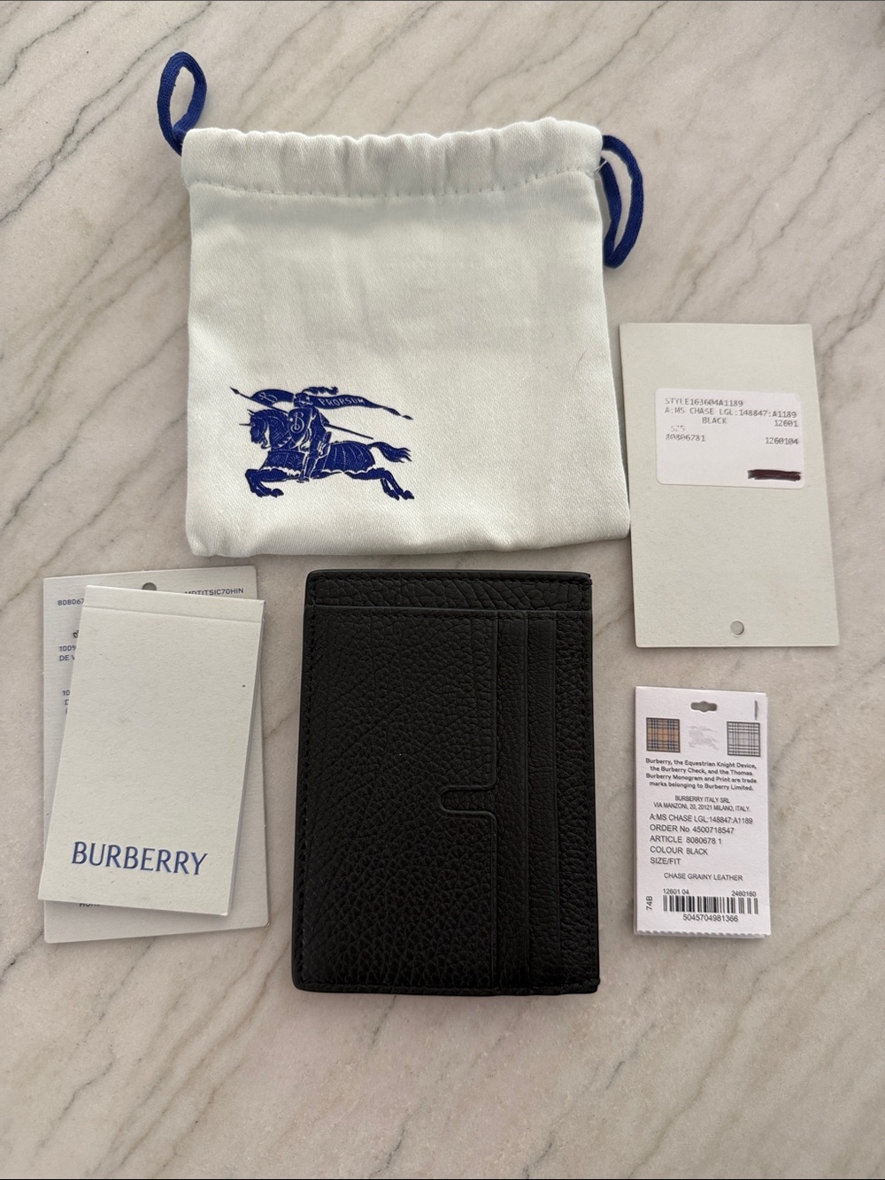 Burberry Black Grained Leather Card Holder with Logo Dust Bag